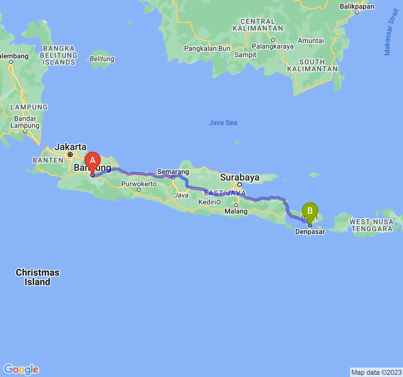 perjalanan dengan rute Kota Bandung-Kota Denpasar