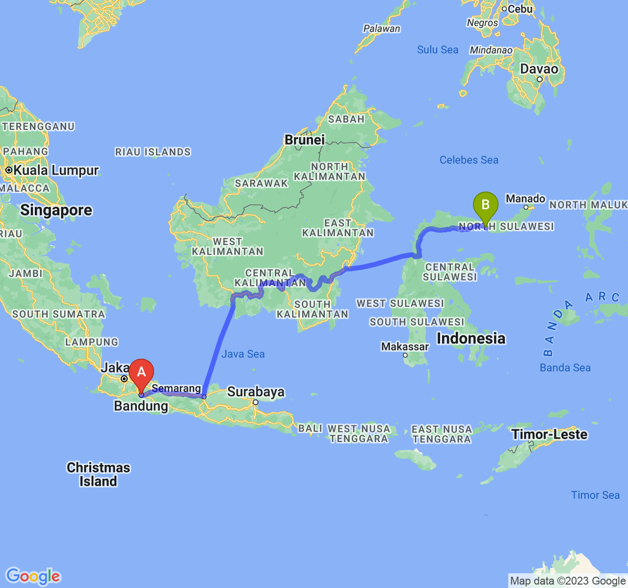 perjalanan dengan rute Kota Bandung-Kota Gorontalo