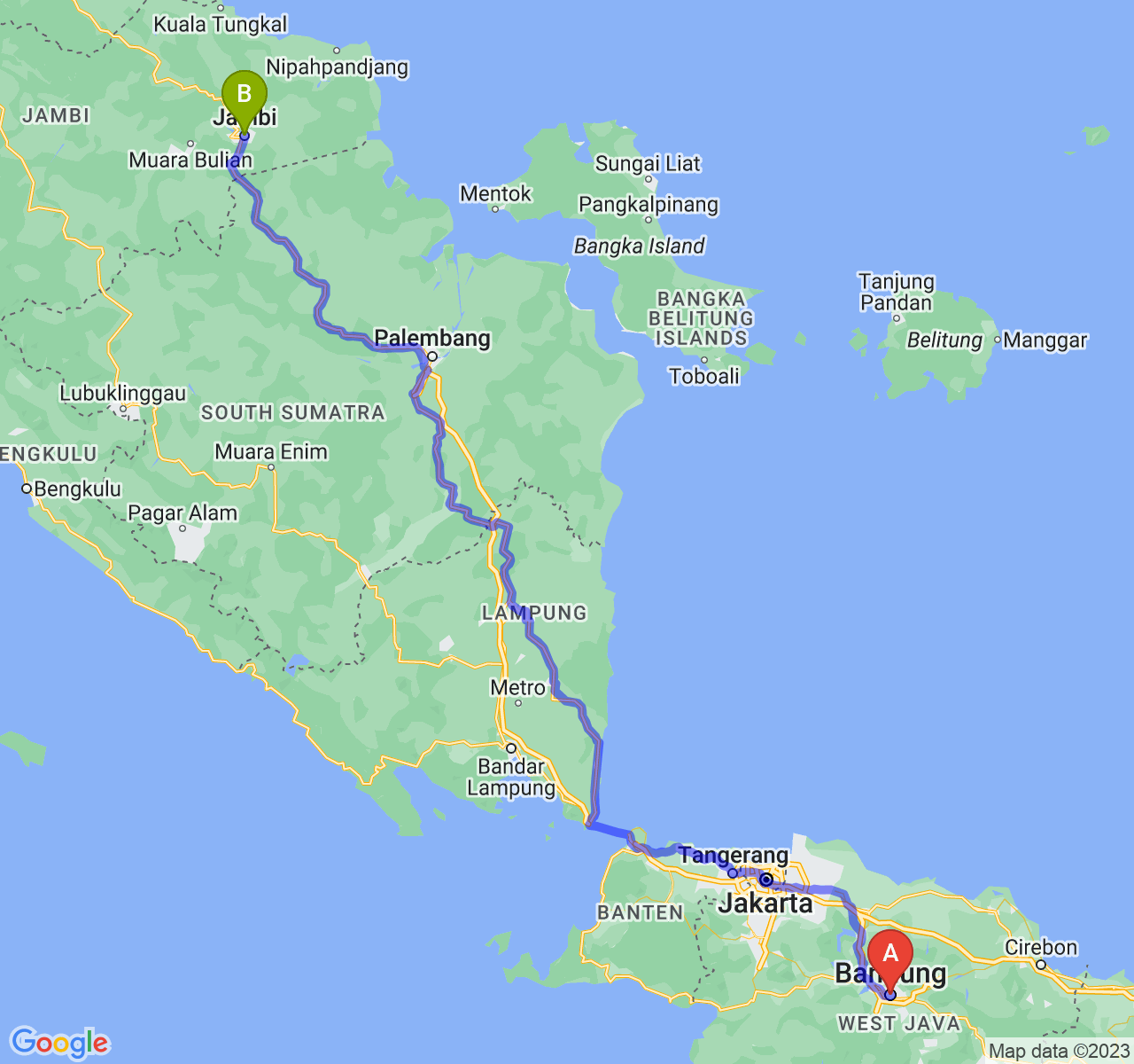 perjalanan dengan rute Kota Bandung-Kota Jambi