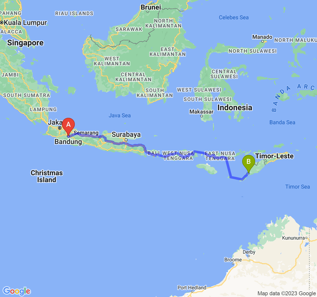 perjalanan dengan rute Kota Bandung-Kota Kupang