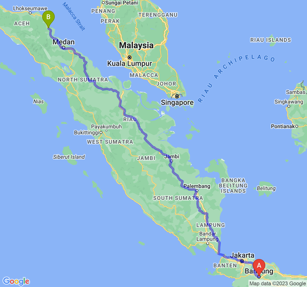 perjalanan dengan rute Kota Bandung-Kota Langsa