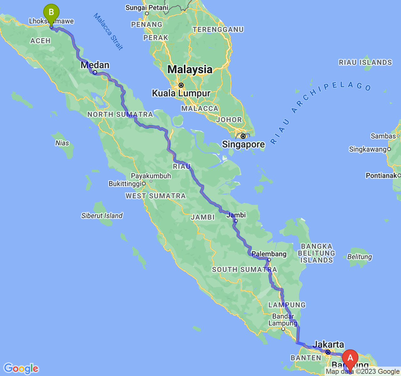 perjalanan dengan rute Kota Bandung-Kota Lhokseumawe