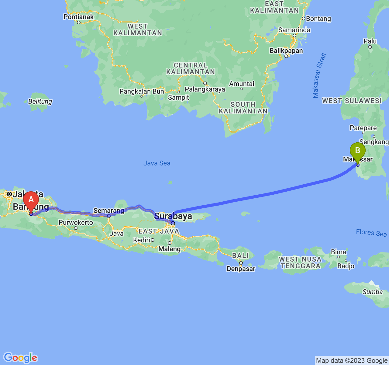 perjalanan dengan rute Kota Bandung-Kota Makassar