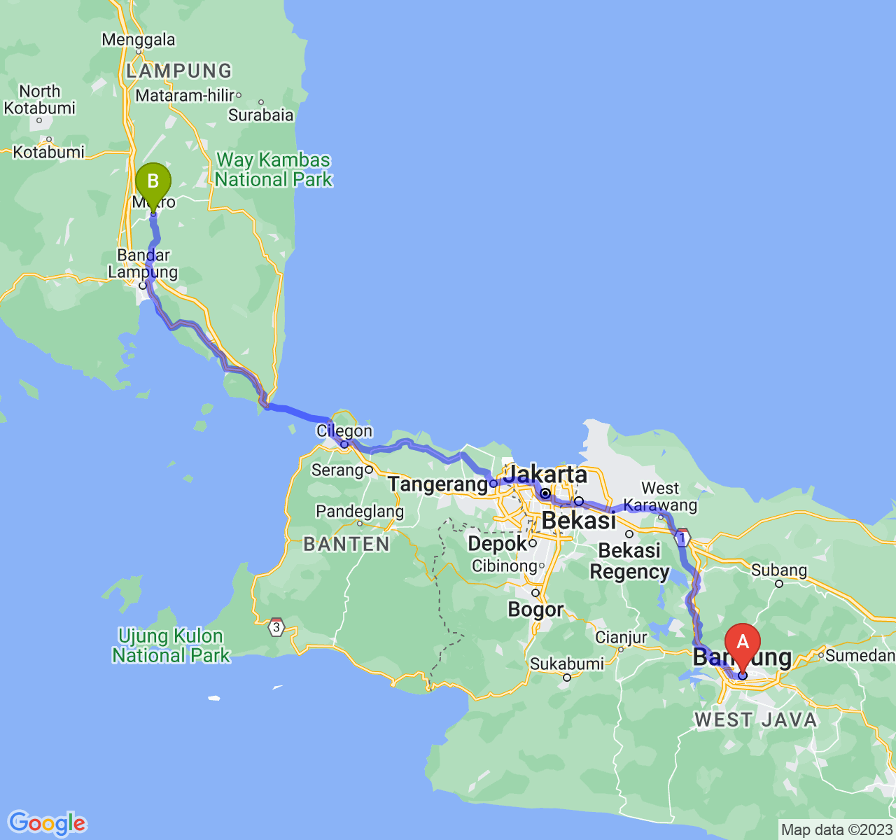 perjalanan dengan rute Kota Bandung-Kota Metro