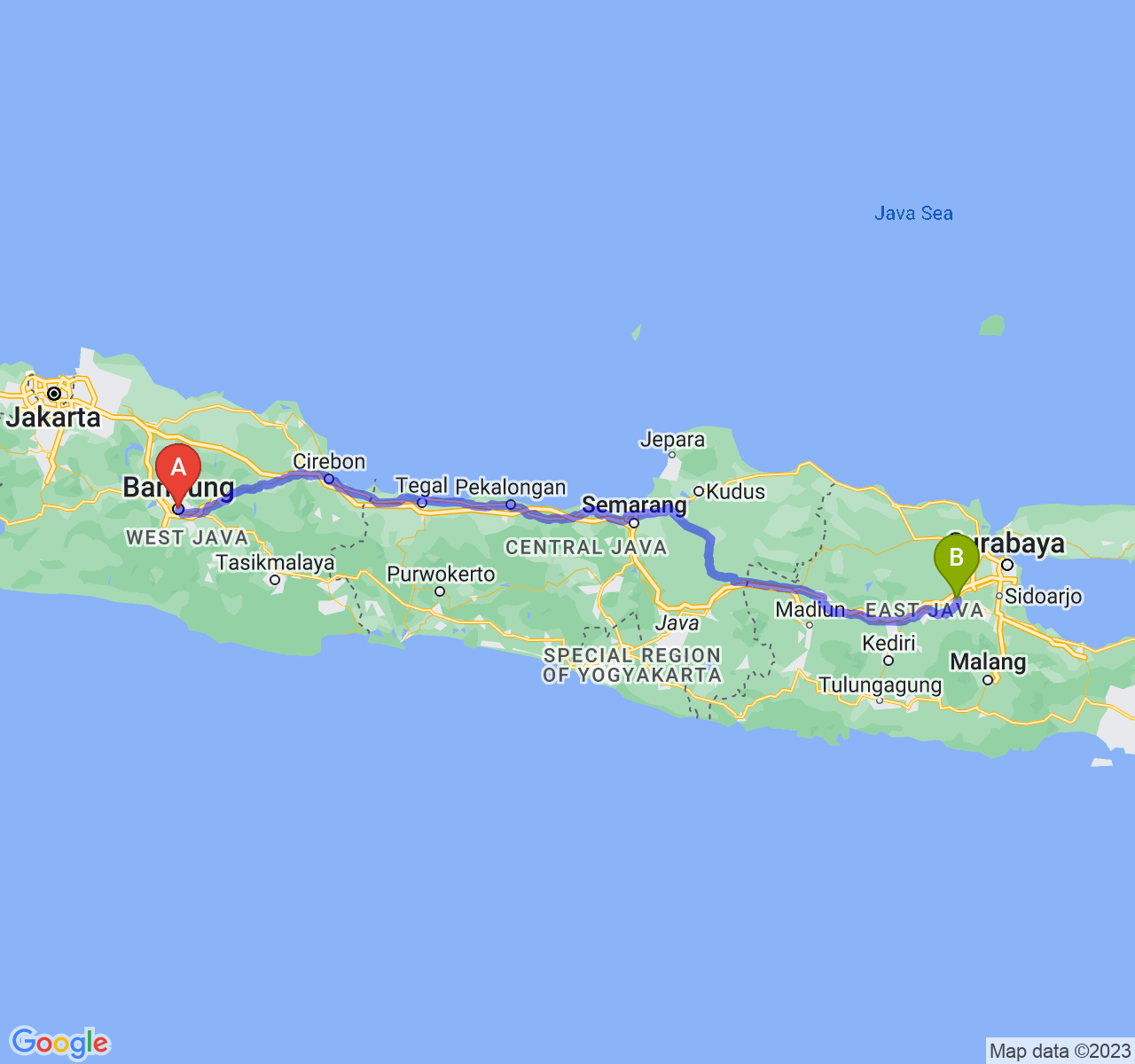 perjalanan dengan rute Kota Bandung-Kota Mojokerto