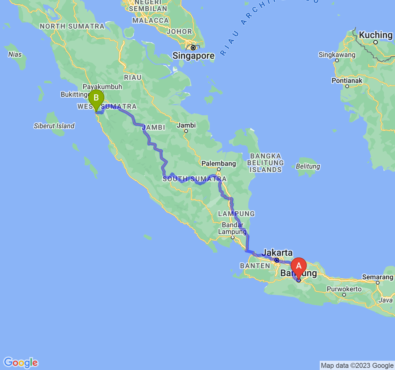 perjalanan dengan rute Kota Bandung-Kota Padang