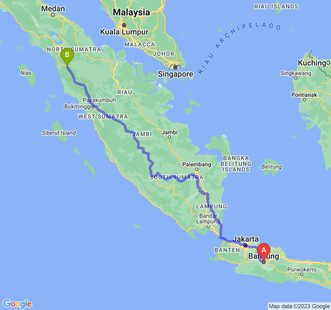 perjalanan dengan rute Kota Bandung-Kota Padang Sidimpuan