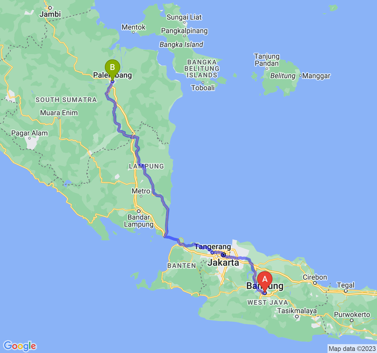 perjalanan dengan rute Kota Bandung-Kota Palembang