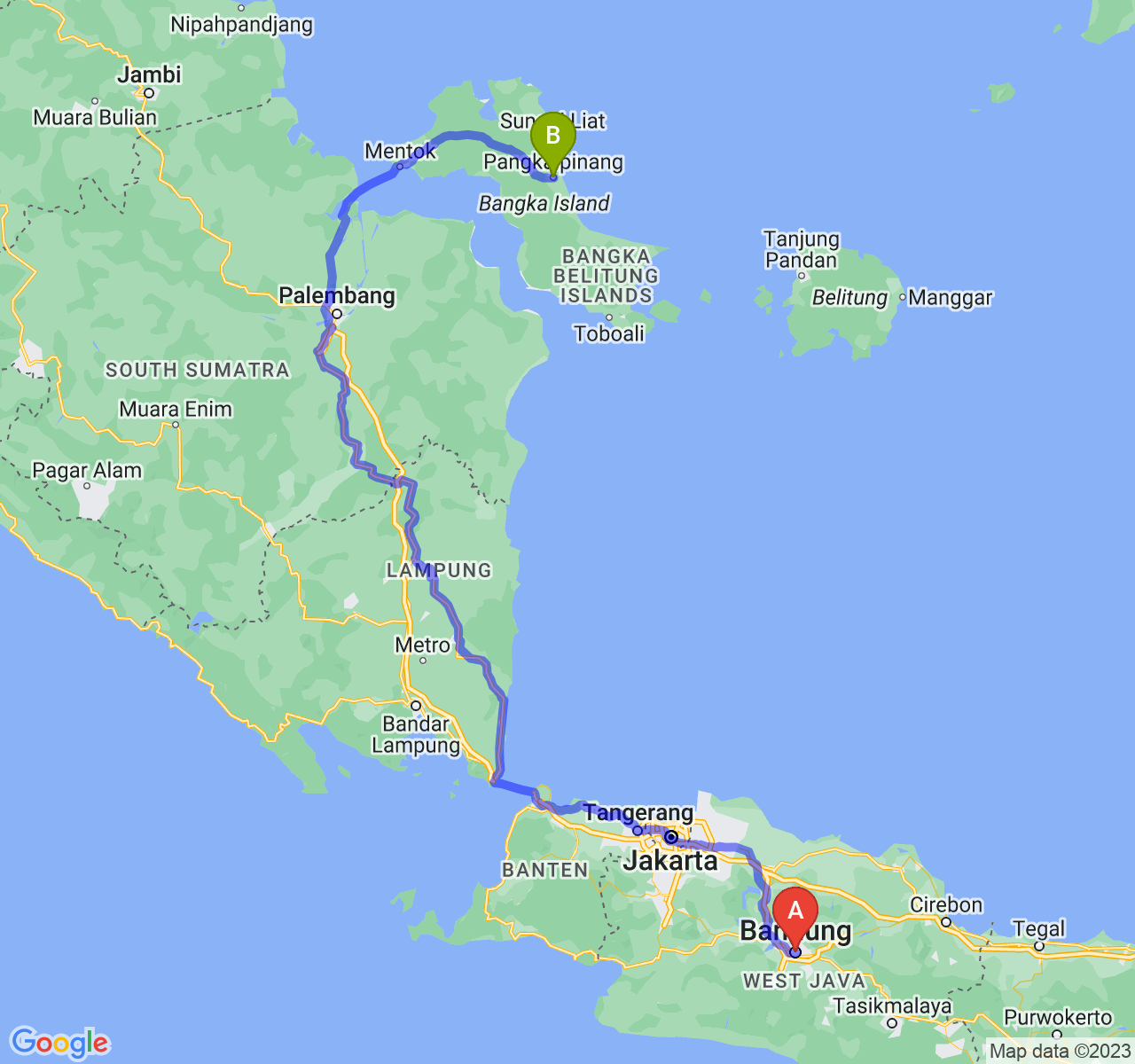 perjalanan dengan rute Kota Bandung-Kota Pangkalpinang