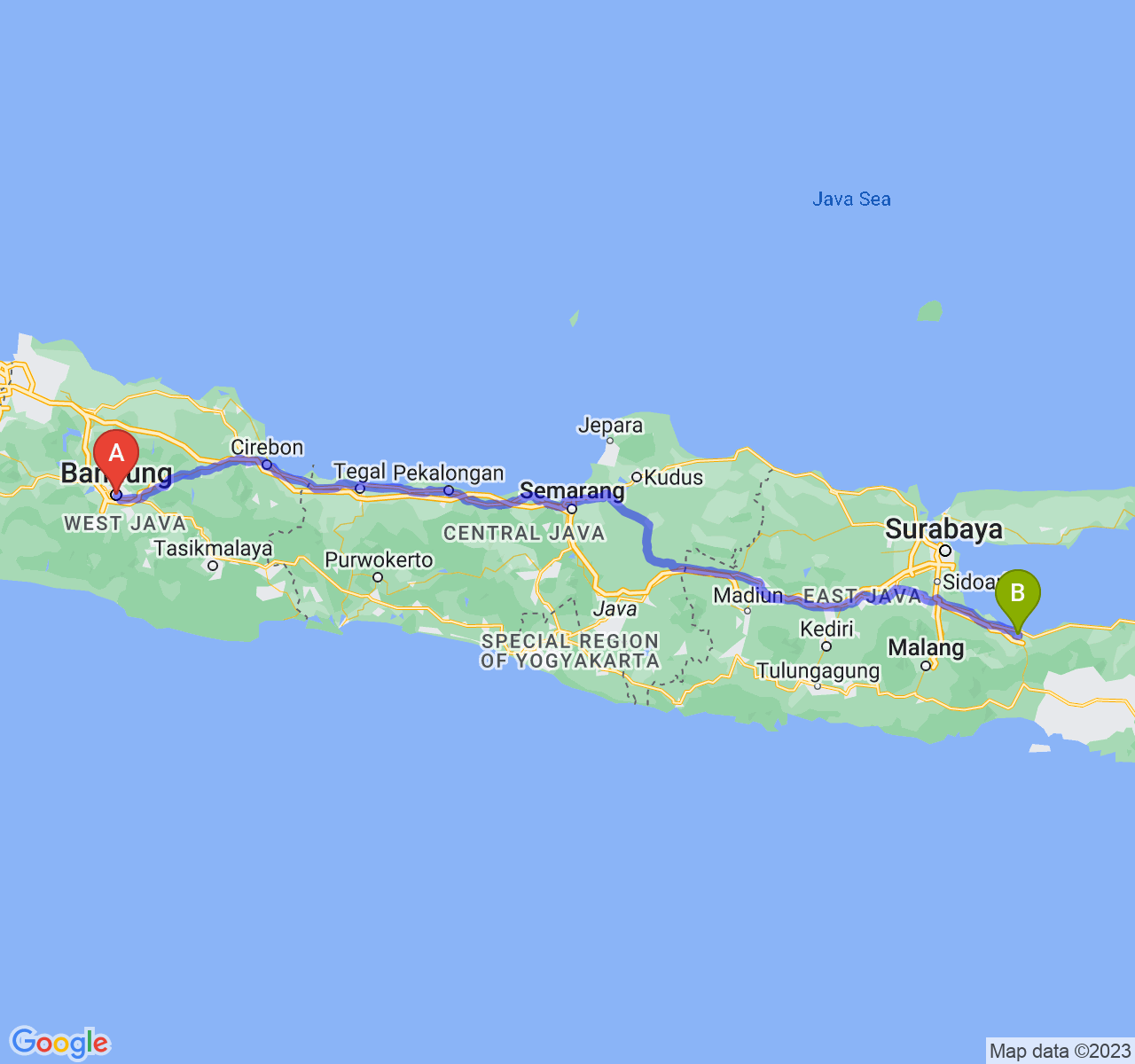 perjalanan dengan rute Kota Bandung-Kota Probolinggo