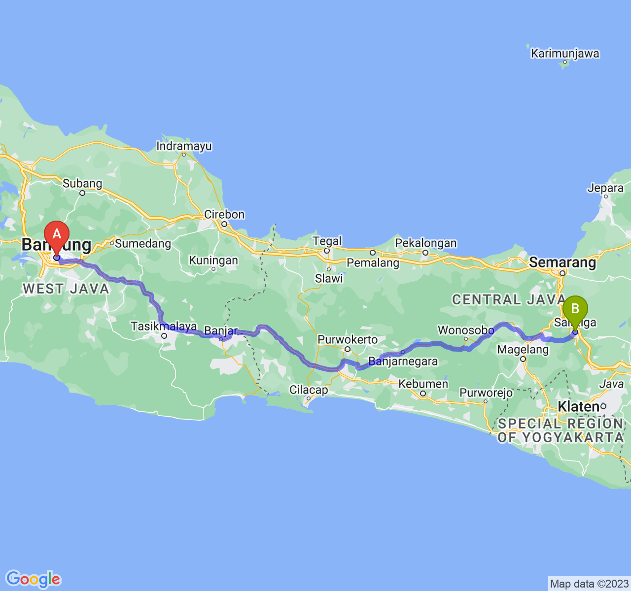 perjalanan dengan rute Kota Bandung-Kota Salatiga