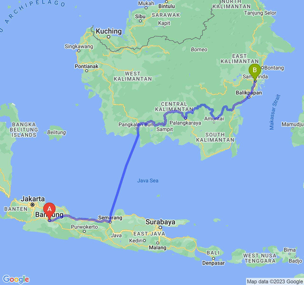 perjalanan dengan rute Kota Bandung-Kota Samarinda