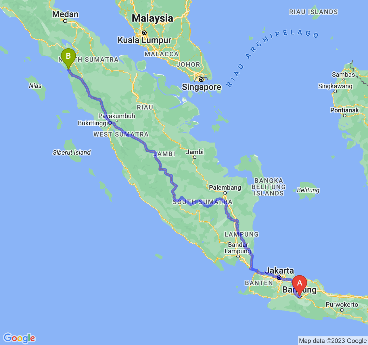 perjalanan dengan rute Kota Bandung-Kota Sibolga