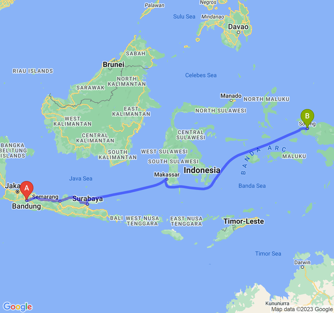 perjalanan dengan rute Kota Bandung-Kota Sorong