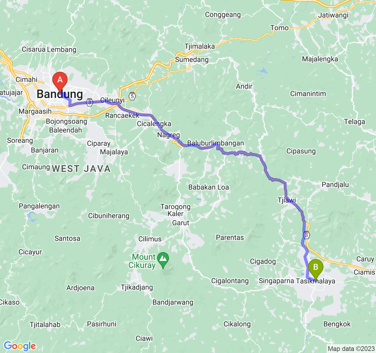 perjalanan dengan rute Kota Bandung-Kota Tasikmalaya