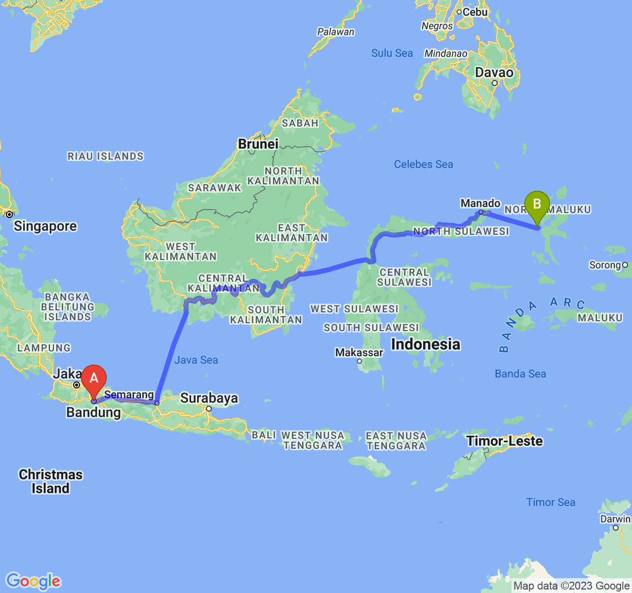 perjalanan dengan rute Kota Bandung-Kota Ternate