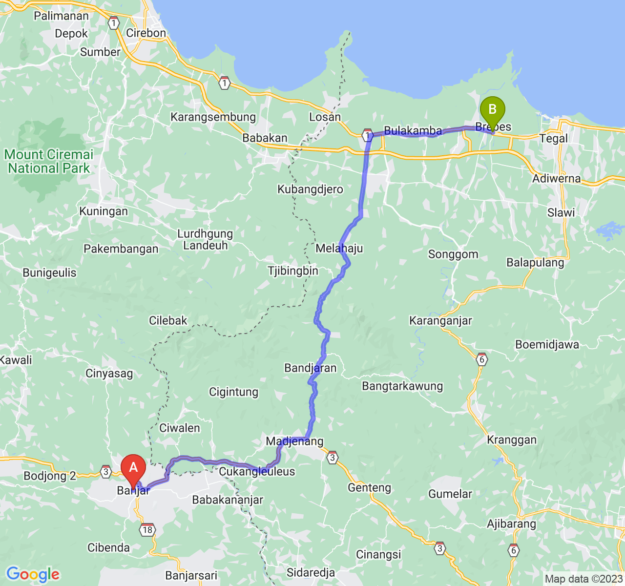 perjalanan dengan rute Kota Banjar-Kab. Brebes