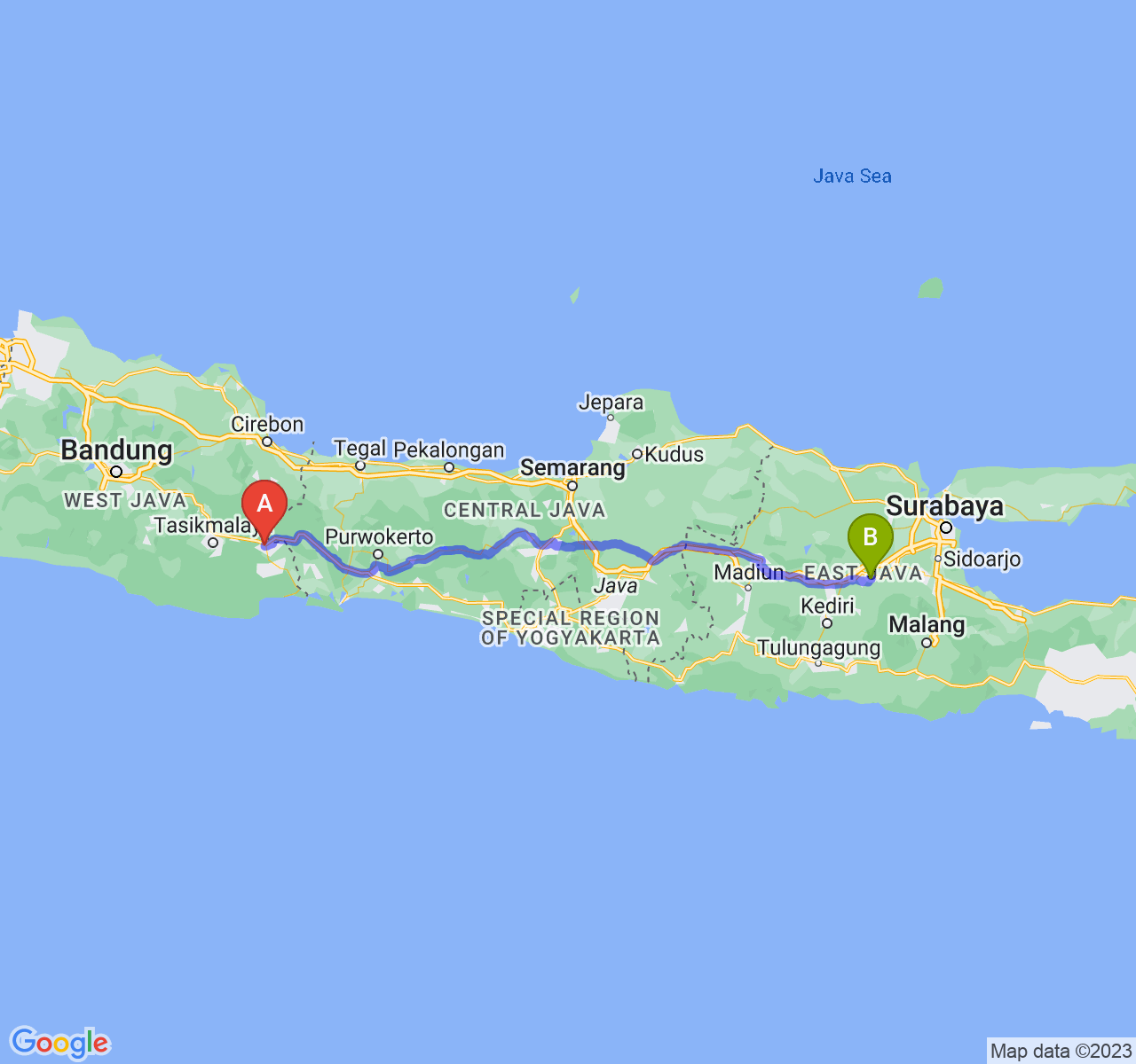 perjalanan dengan rute Kota Banjar-Kab. Jombang