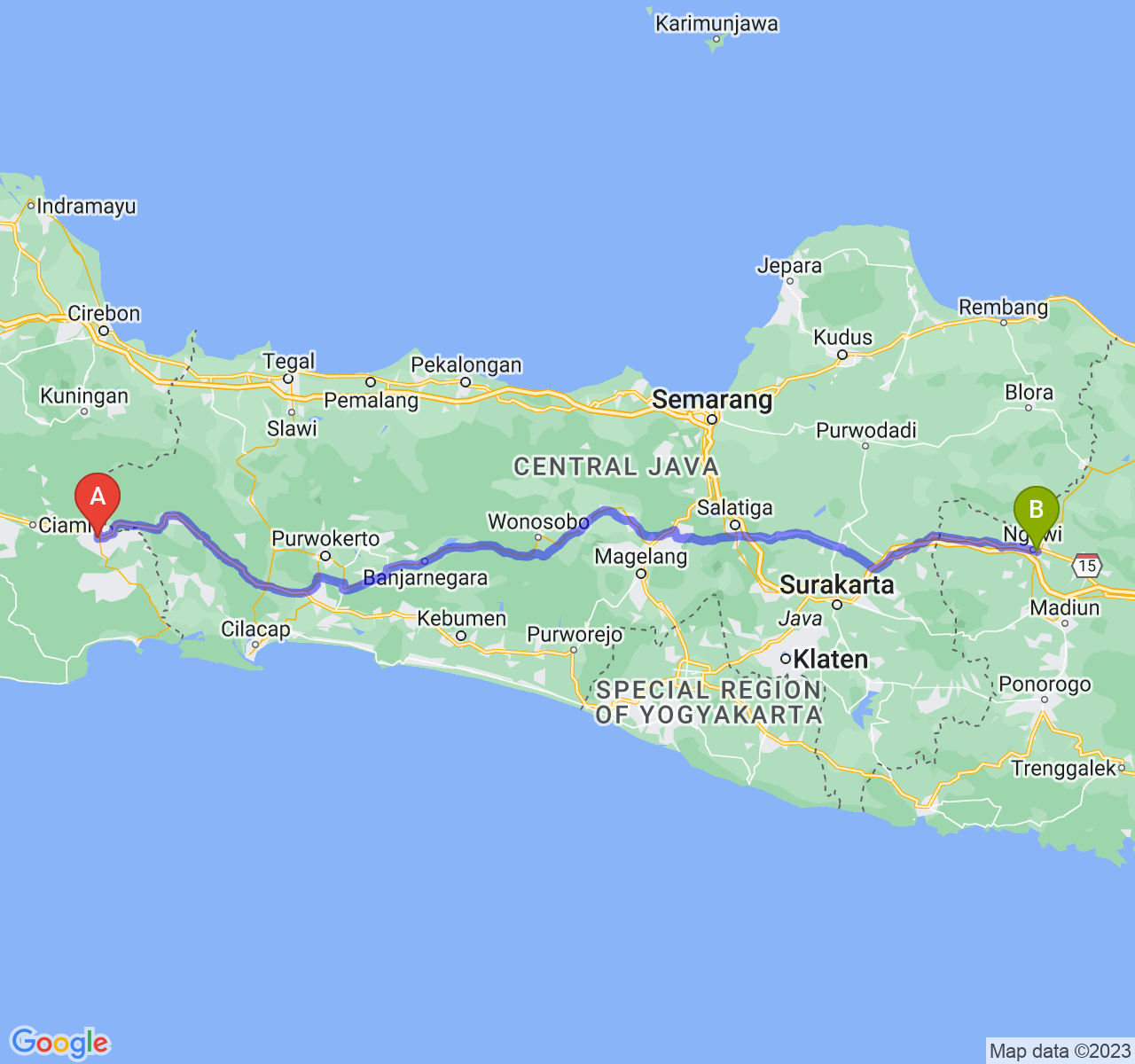 perjalanan dengan rute Kota Banjar-Kab. Ngawi