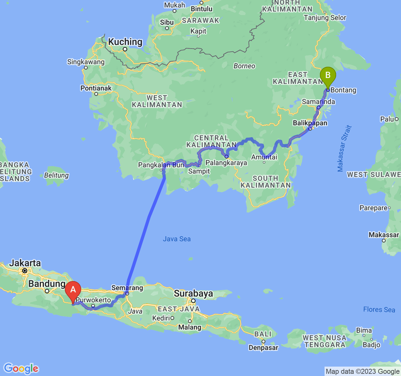 perjalanan dengan rute Kota Banjar-Kota Bontang