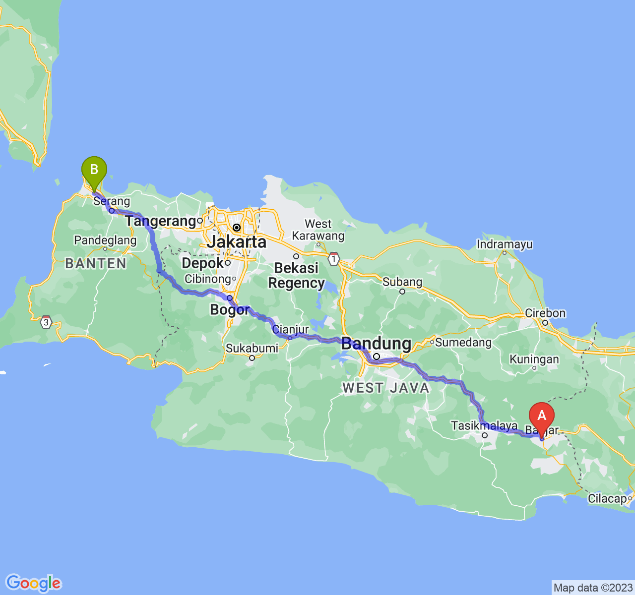 perjalanan dengan rute Kota Banjar-Kota Cilegon