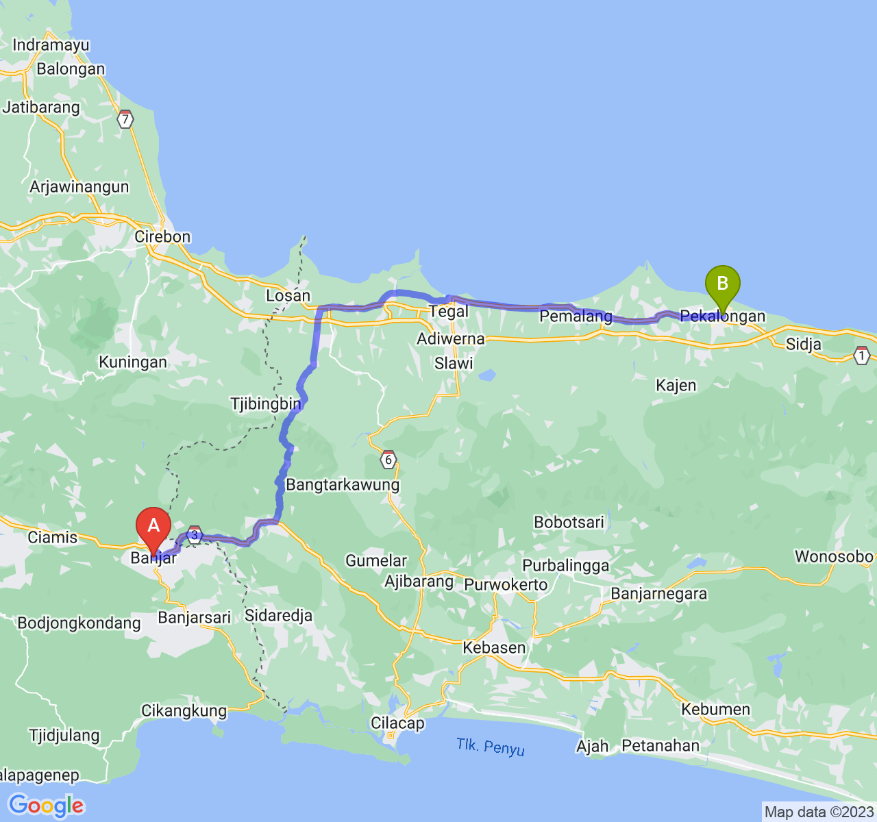 perjalanan dengan rute Kota Banjar-Kota Pekalongan