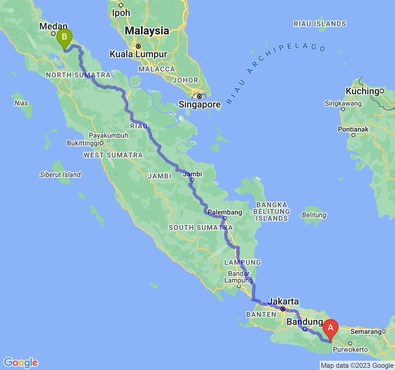 perjalanan dengan rute Kota Banjar-Kota Pematangsiantar