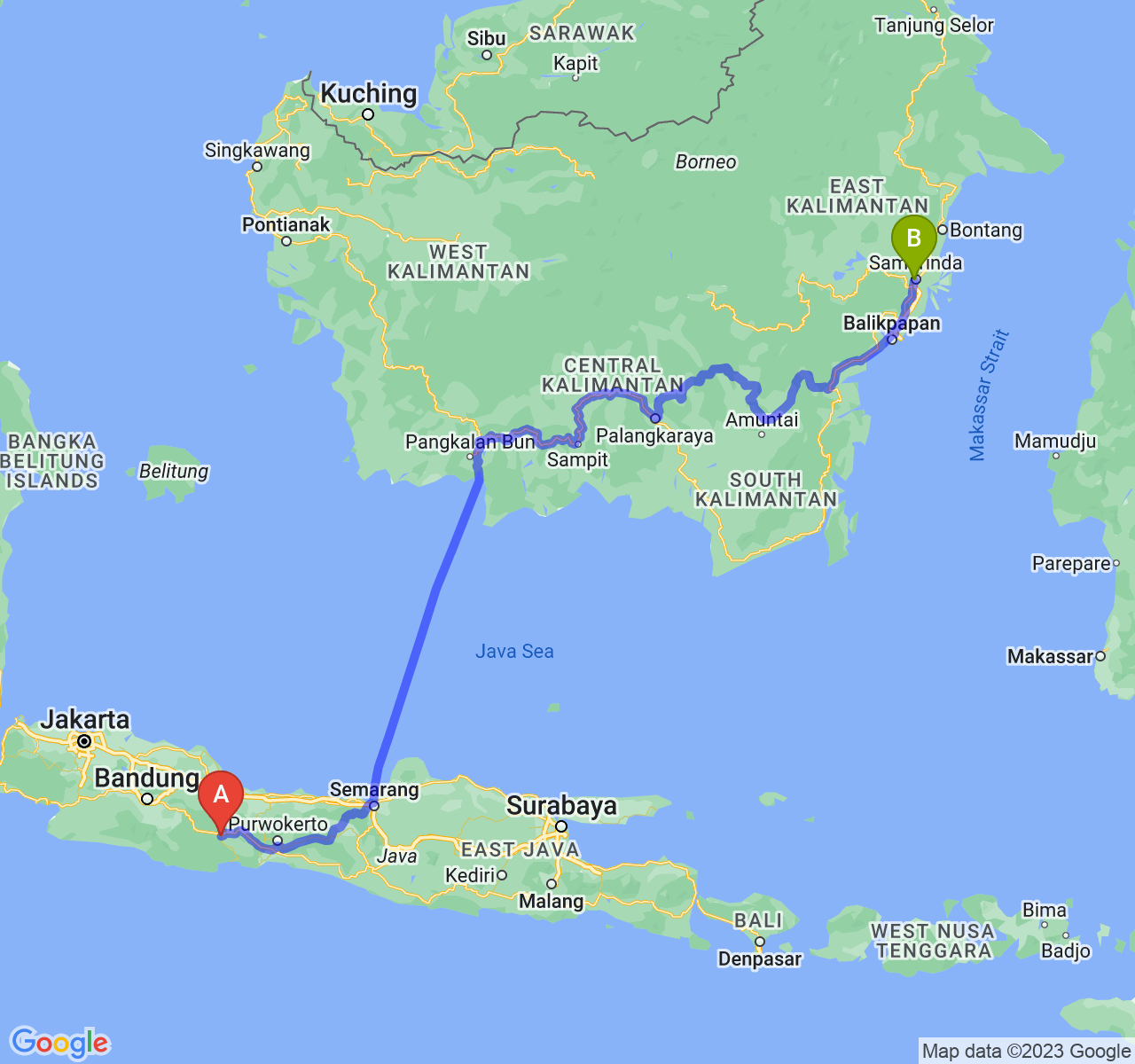 perjalanan dengan rute Kota Banjar-Kota Samarinda