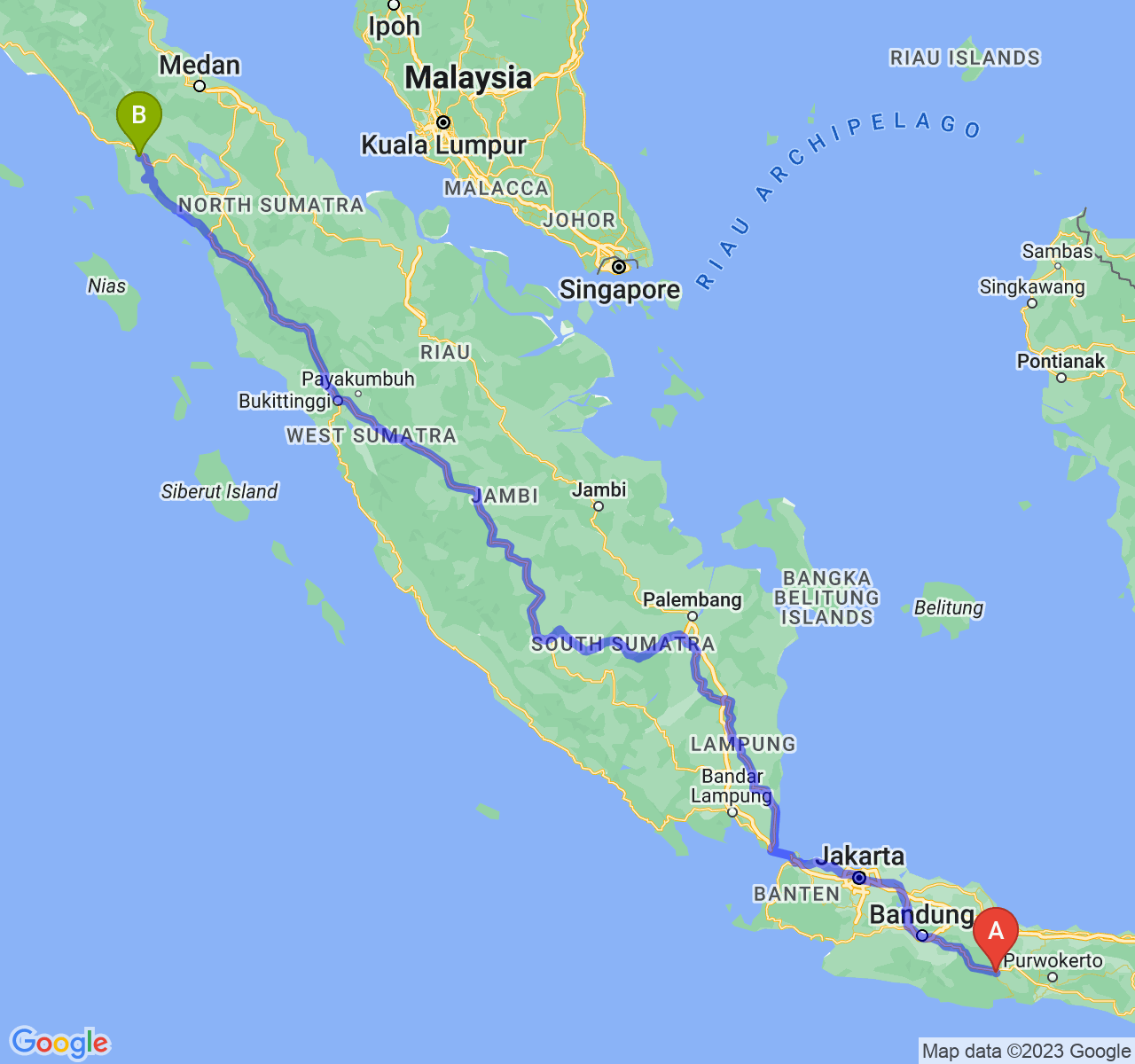 perjalanan dengan rute Kota Banjar-Kota Subulussalam