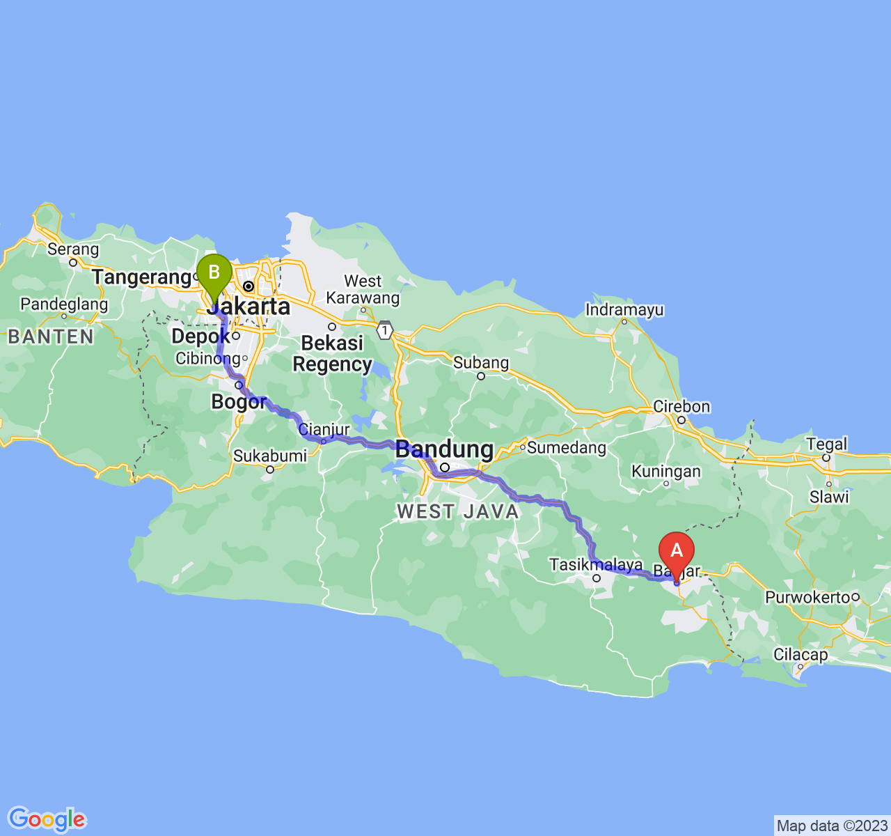 perjalanan dengan rute Kota Banjar-Kota Tangerang Selatan