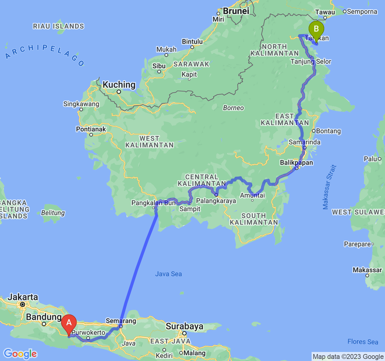 perjalanan dengan rute Kota Banjar-Kota Tarakan