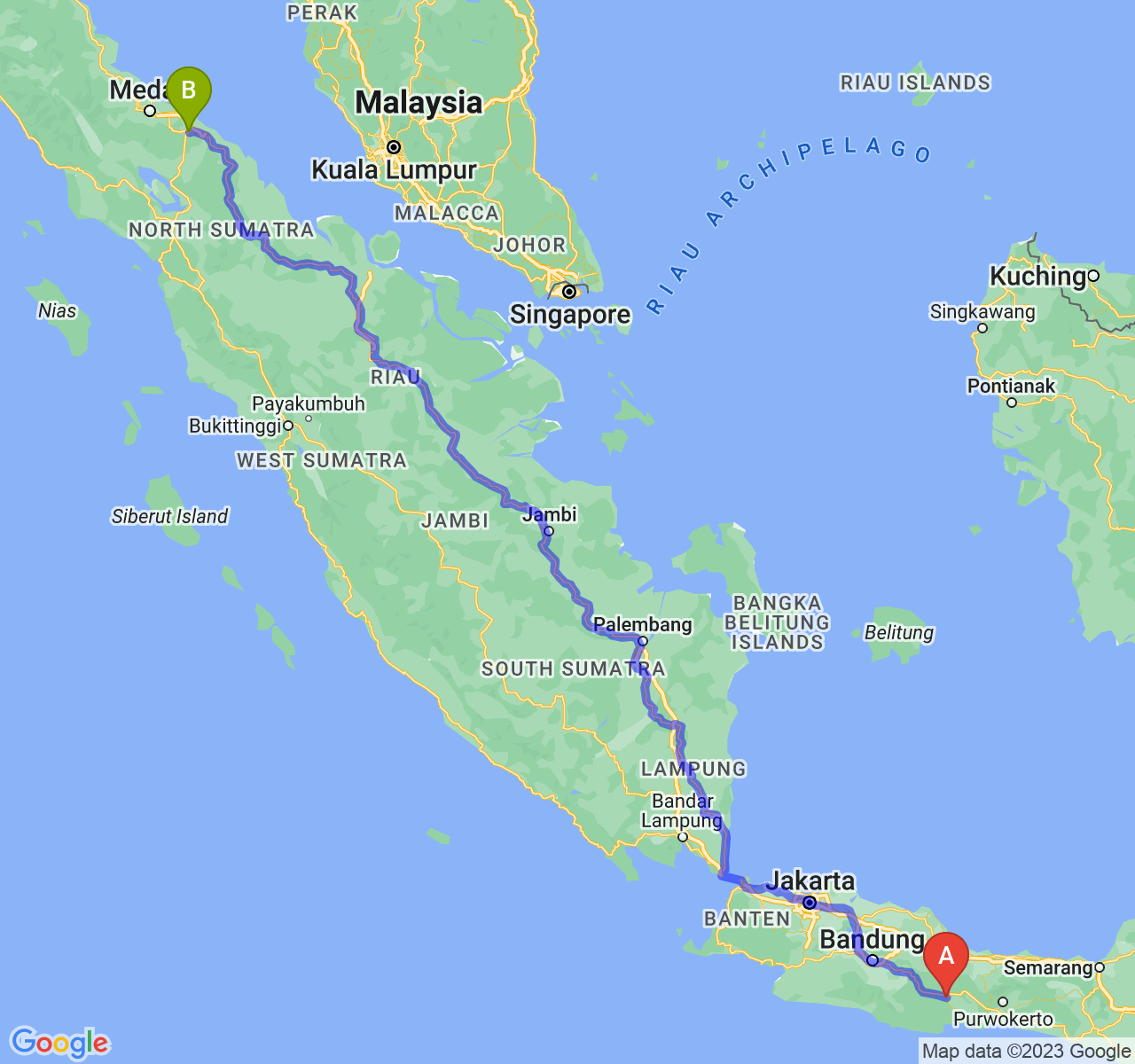 perjalanan dengan rute Kota Banjar-Kota Tebing Tinggi