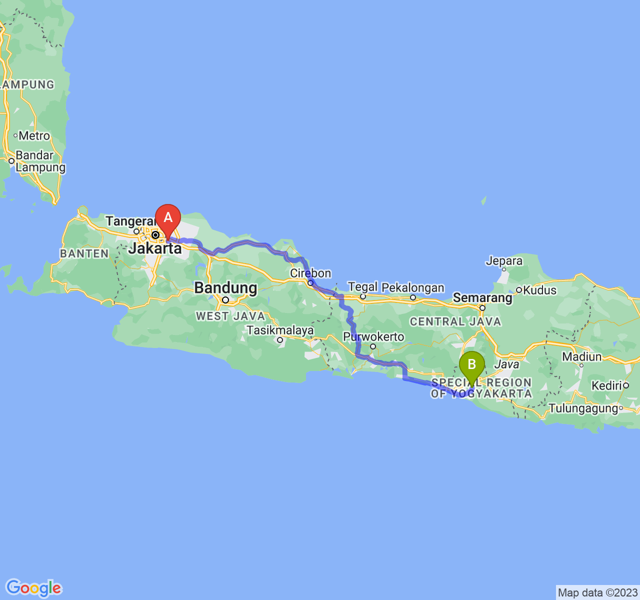 perjalanan dengan rute Kota Bekasi-Kab. Bantul