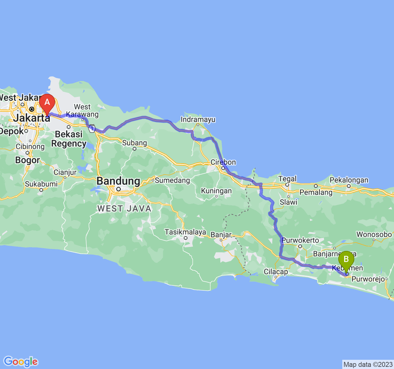 perjalanan dengan rute Kota Bekasi-Kab. Kebumen