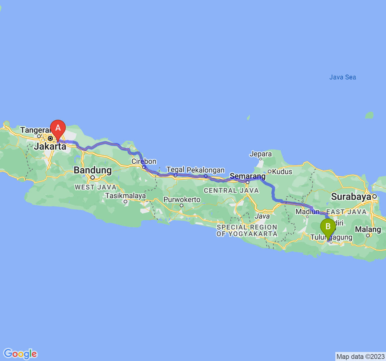 perjalanan dengan rute Kota Bekasi-Kab. Tulungagung