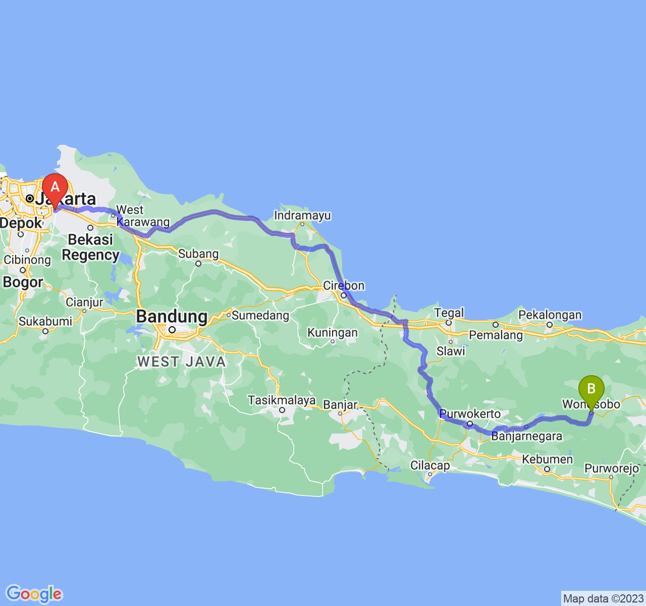 perjalanan dengan rute Kota Bekasi-Kab. Wonosobo