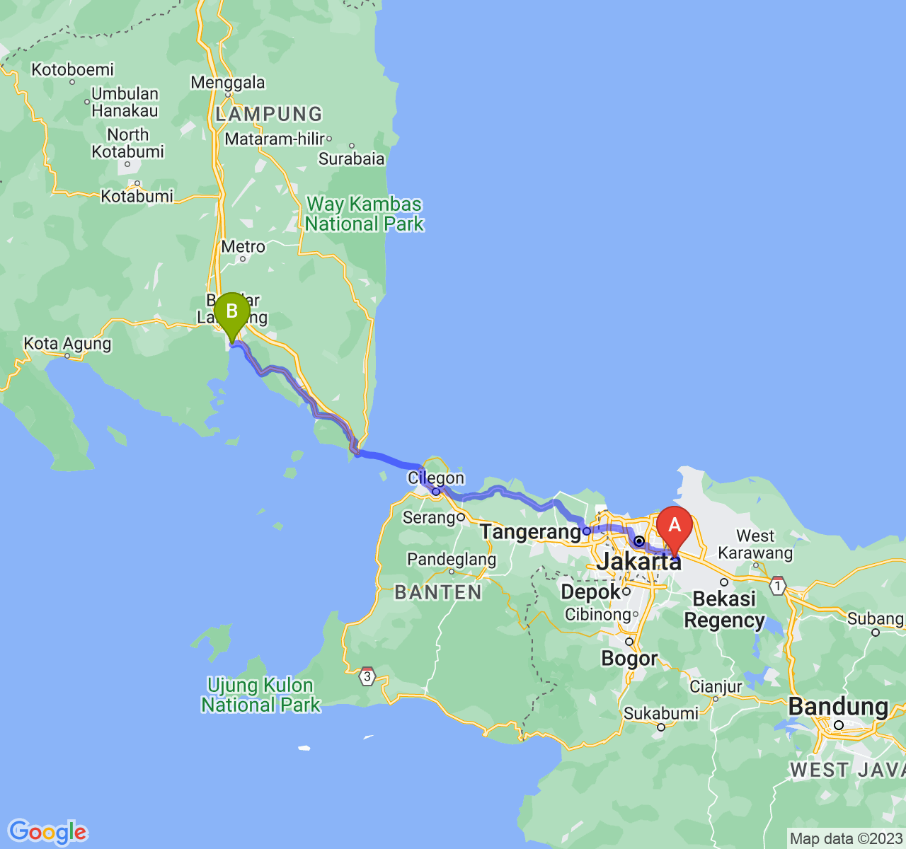 perjalanan dengan rute Kota Bekasi-Kota Bandar Lampung