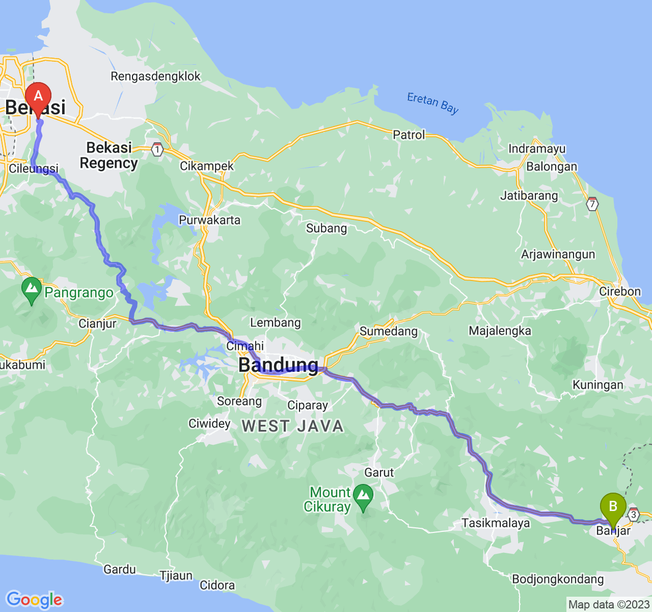 perjalanan dengan rute Kota Bekasi-Kota Banjar