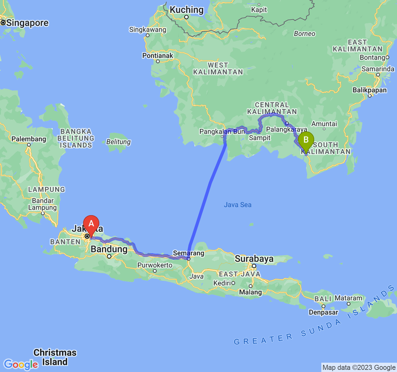 perjalanan dengan rute Kota Bekasi-Kota Banjarmasin