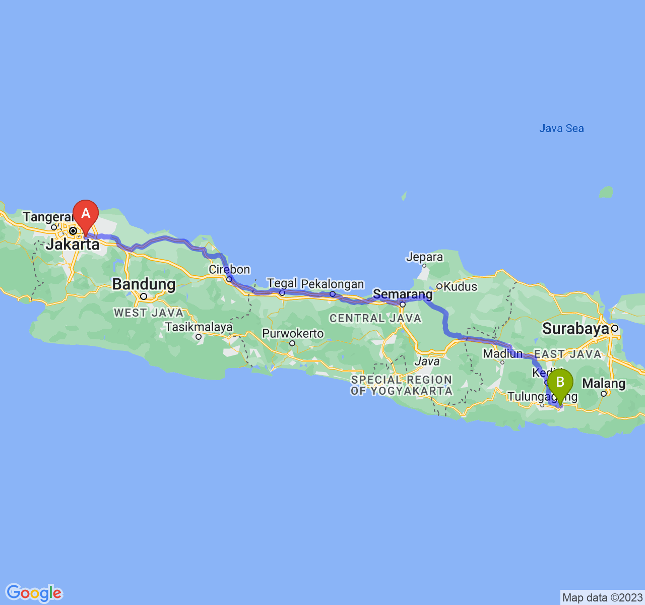 perjalanan dengan rute Kota Bekasi-Kota Blitar