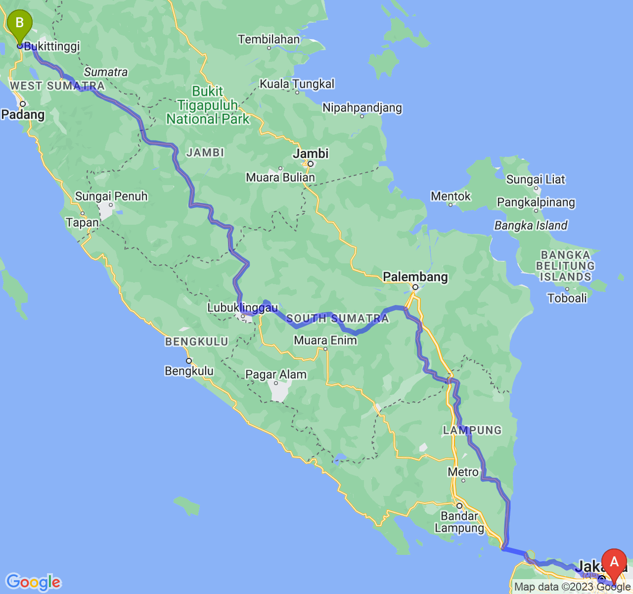 perjalanan dengan rute Kota Bekasi-Kota Bukittinggi