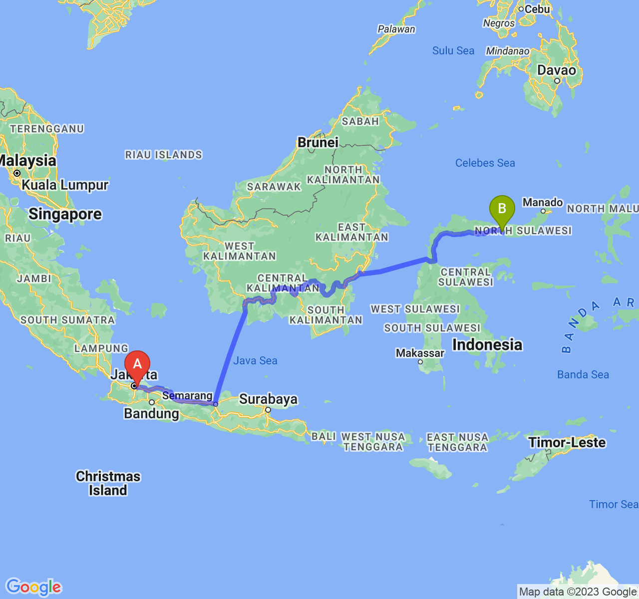 perjalanan dengan rute Kota Bekasi-Kota Gorontalo