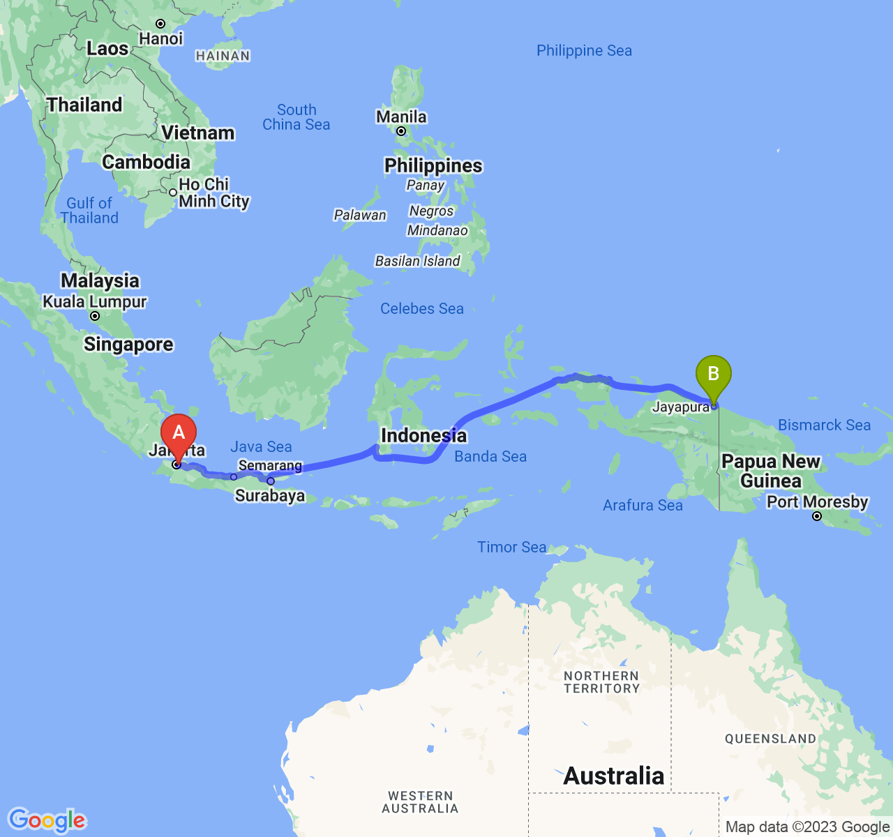 perjalanan dengan rute Kota Bekasi-Kota Jayapura