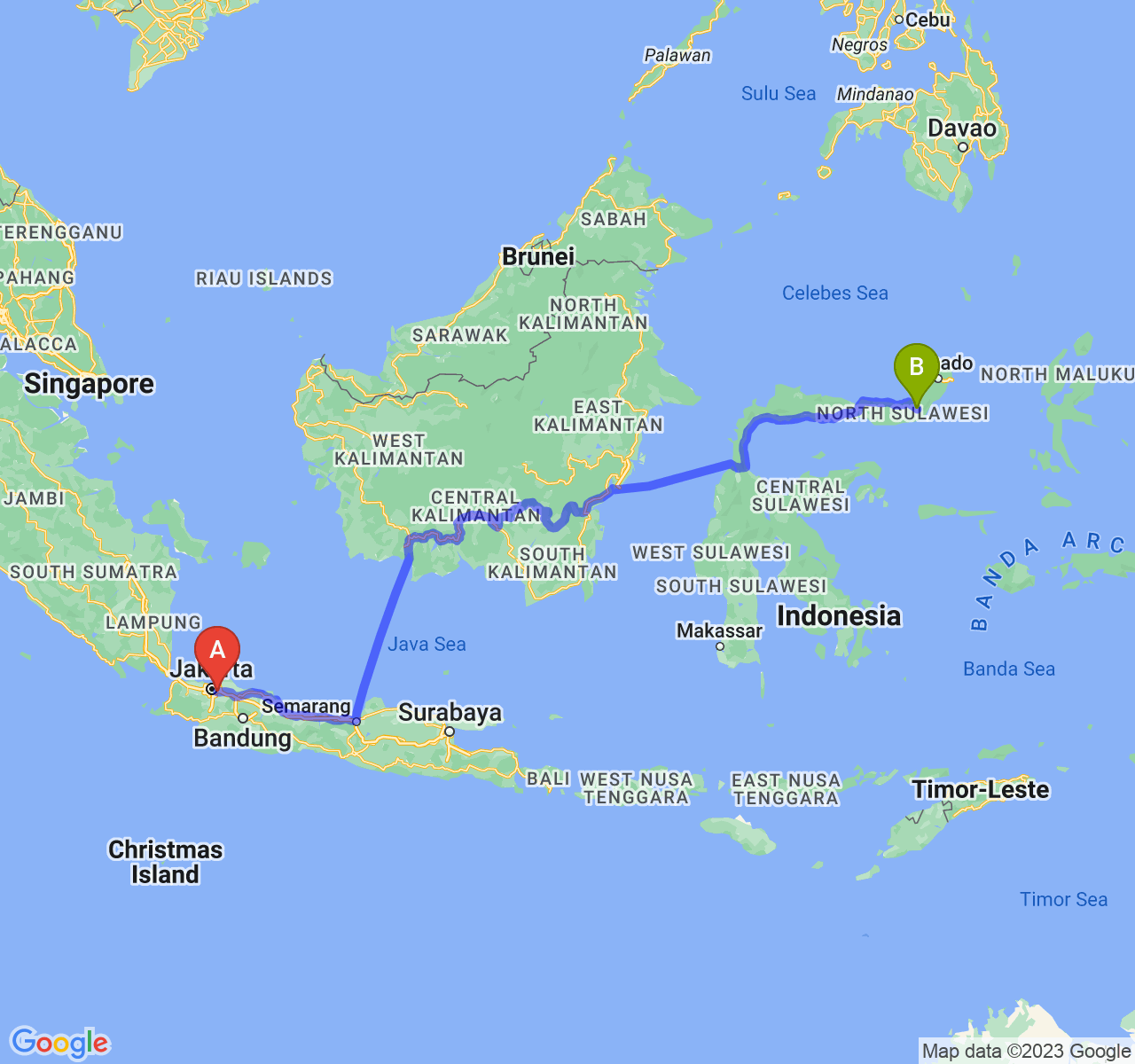 perjalanan dengan rute Kota Bekasi-Kota Kotamobagu