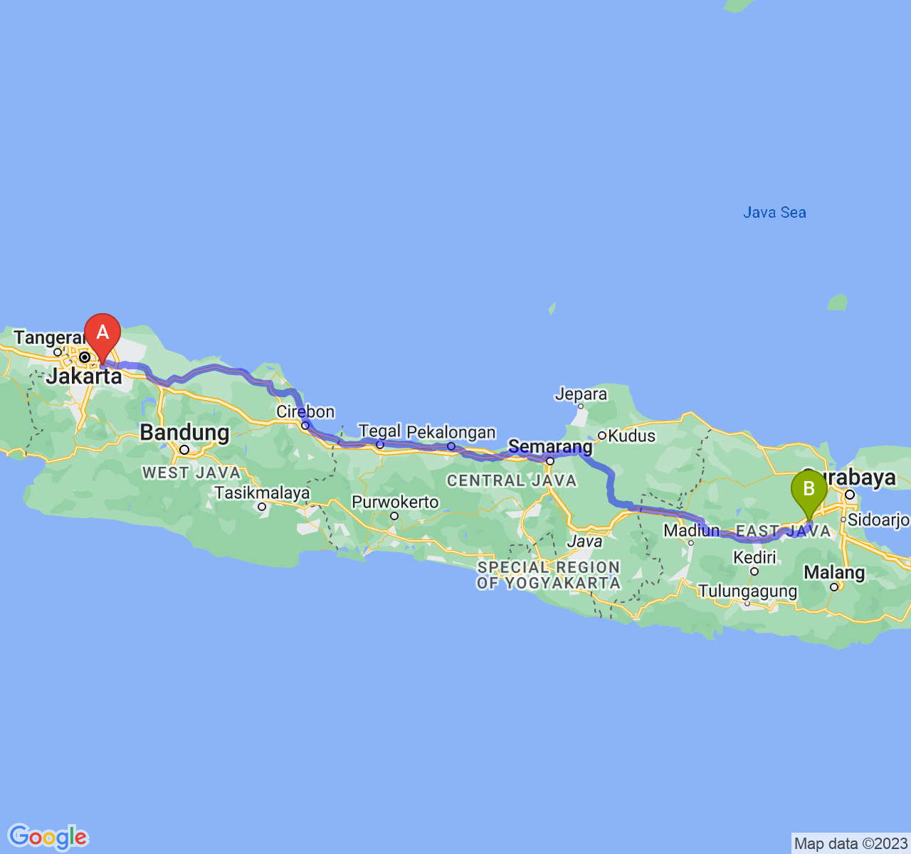 perjalanan dengan rute Kota Bekasi-Kota Mojokerto