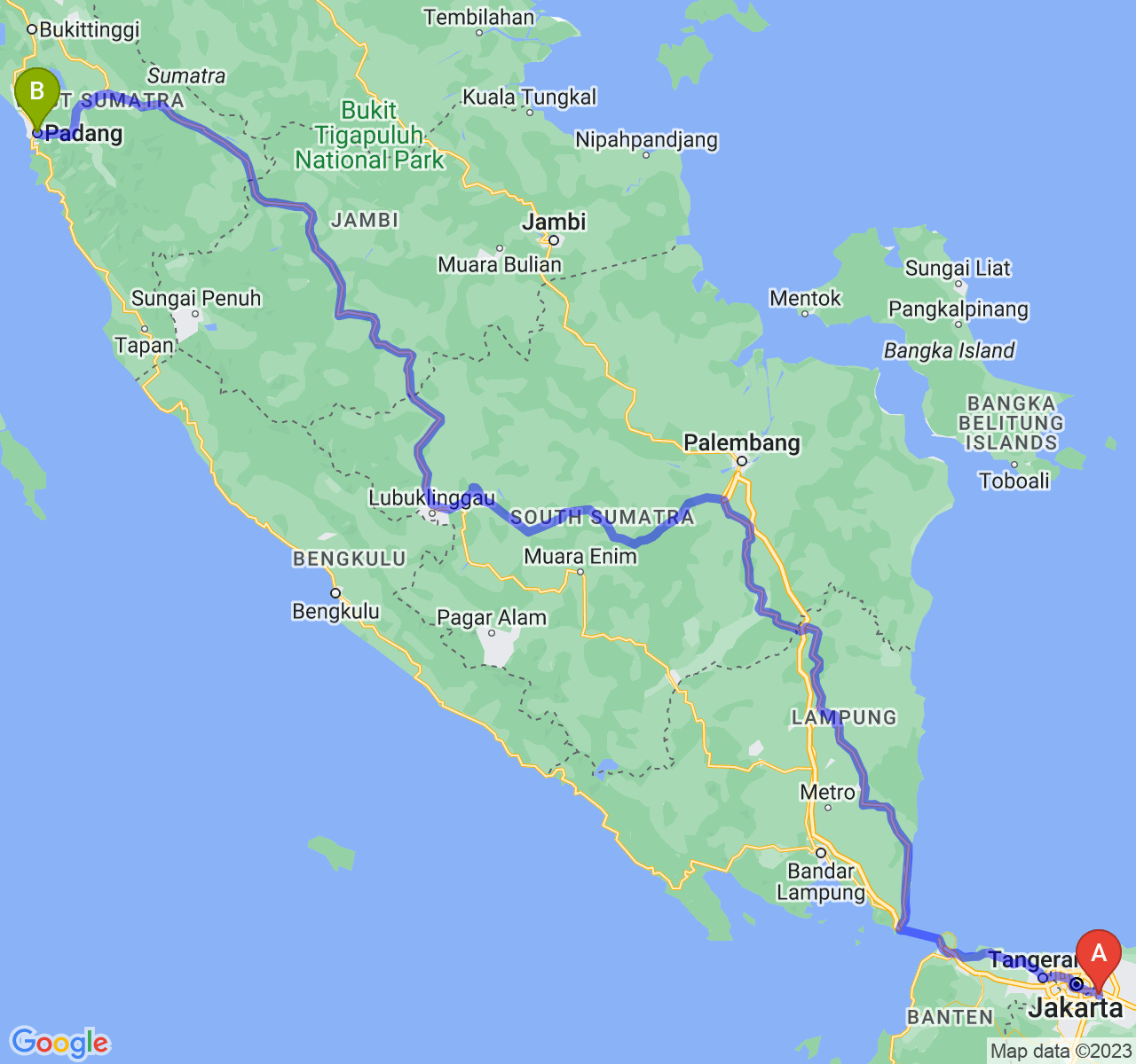 perjalanan dengan rute Kota Bekasi-Kota Padang