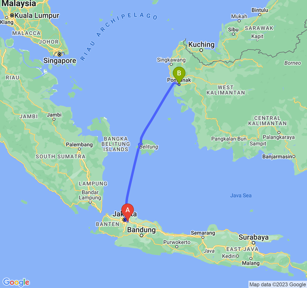 perjalanan dengan rute Kota Bekasi-Kota Pontianak