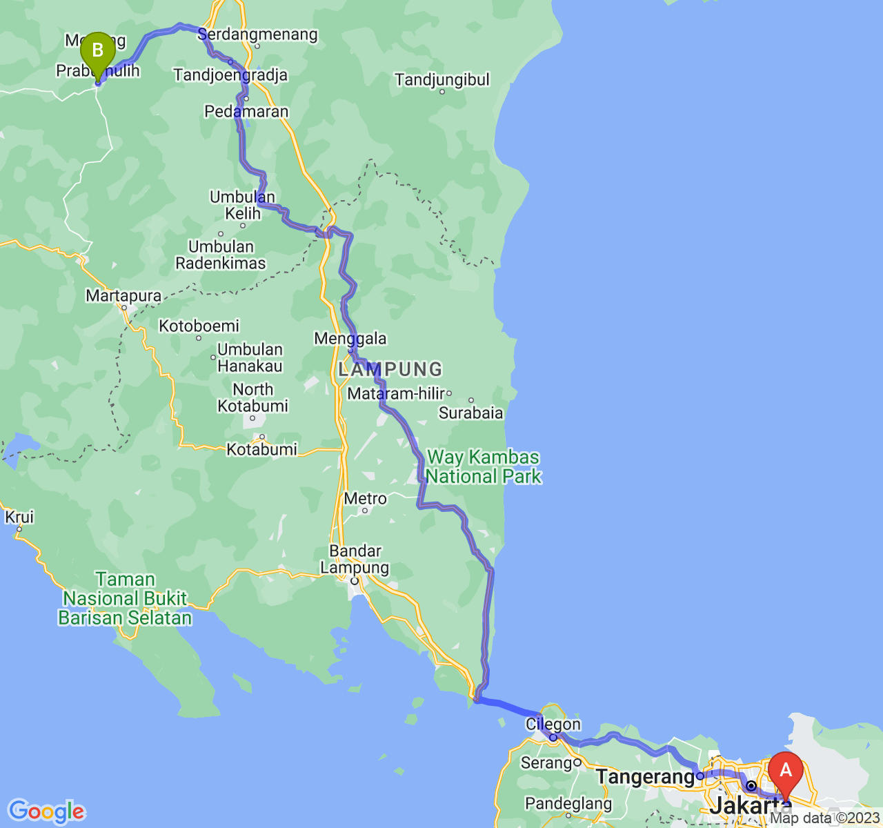 perjalanan dengan rute Kota Bekasi-Kota Prabumulih