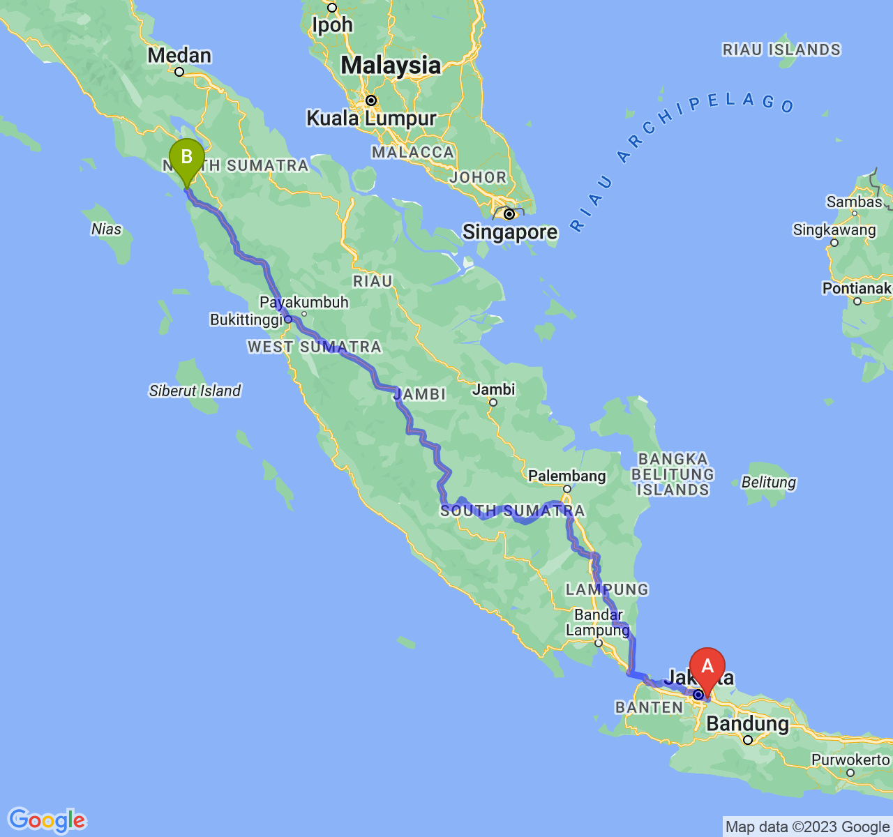 perjalanan dengan rute Kota Bekasi-Kota Sibolga