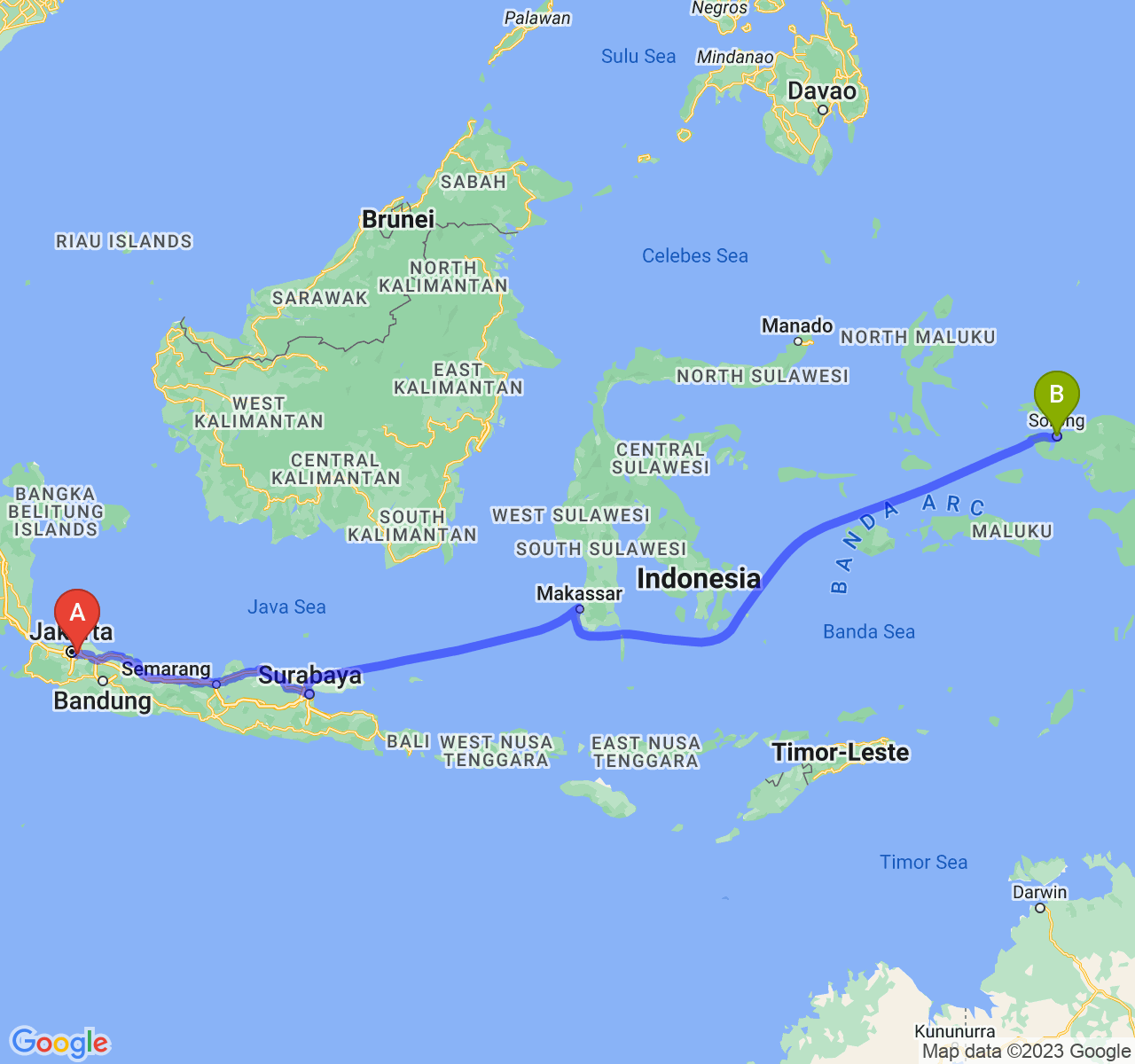 perjalanan dengan rute Kota Bekasi-Kota Sorong